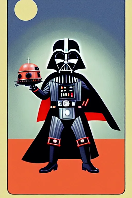 Prompt: by richard scarry. darth vader. a 1 9 5 0 s retro illustration. studio ghibli. muted colors, detailed