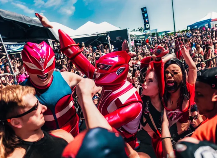 Image similar to photo still of putties from power rangers at the vans warped tour!!!!!!!! at age 3 6 years old 3 6 years of age!!!!!!!! stage diving into the crowd, 8 k, 8 5 mm f 1. 8, studio lighting, rim light, right side key light