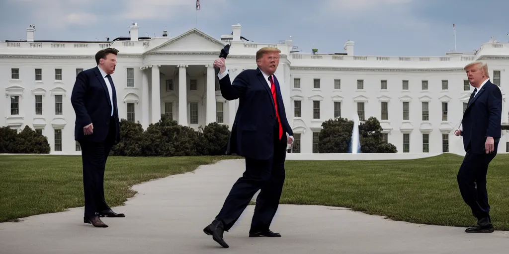 Prompt: a professional cinematic photo of donald trump fighting elon musk on top of white house. extremely high fidelity. key light.