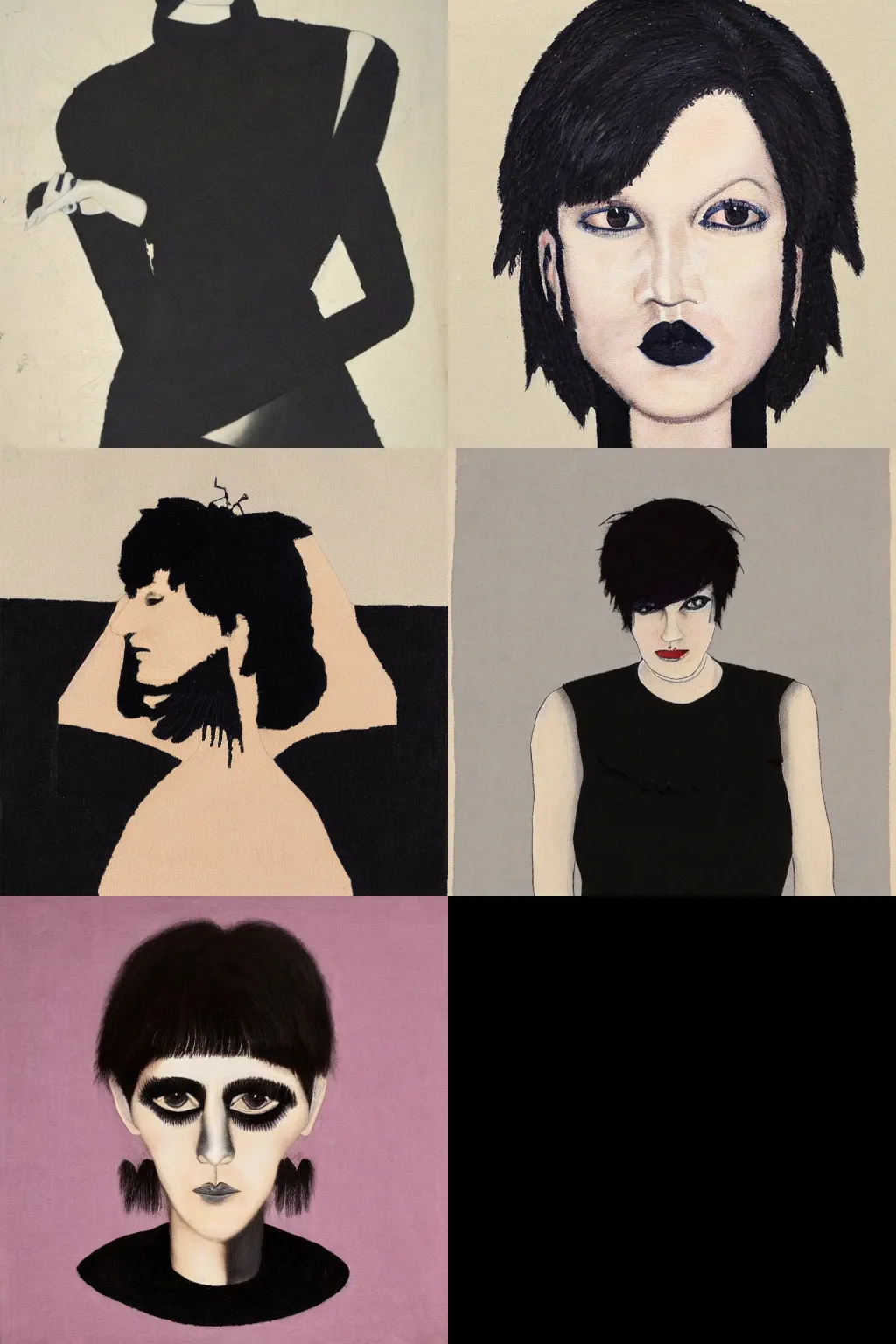 Prompt: a goth portrait painted by anni albers. her hair is dark brown and cut into a short, messy pixie cut. she has a slightly rounded face, with a pointed chin, large entirely - black eyes, and a small nose. she is wearing a black tank top, a black leather jacket, a black knee - length skirt, and a black choker.