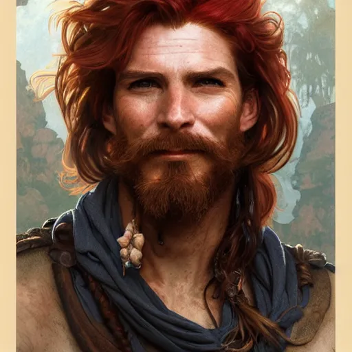 Image similar to portrait of a young ruggedly handsome but joyful pirate, male, masculine, upper body, red hair, long hair, d & d, fantasy, joyful smirk, intricate, elegant, highly detailed, digital painting, artstation, concept art, matte, sharp focus, illustration, art by artgerm and greg rutkowski and alphonse mucha