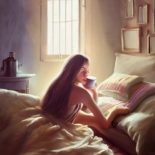 Image similar to lady who wakes up in the morning exactly as the coffee is made then doesn't make anymore but goes to the bedroom to start a space for music for 6 hours. heraldo ortega, mandy jurgens digital art, golden ratio, art canvas, award winning, masterpiece artstation 8 k 1 5 0 mpx