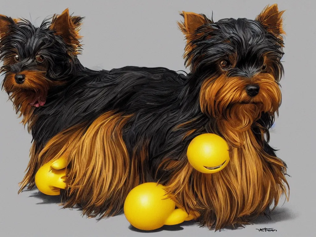 Image similar to portrait of a black and caramel Yorkshire Terrier, playing with a yellow rubber duck, D&D, fantasy, highly detailed, digital painting, artstation, concept art, smooth, sharp focus, illustration, art by artgerm and greg rutkowski and alphonse mucha