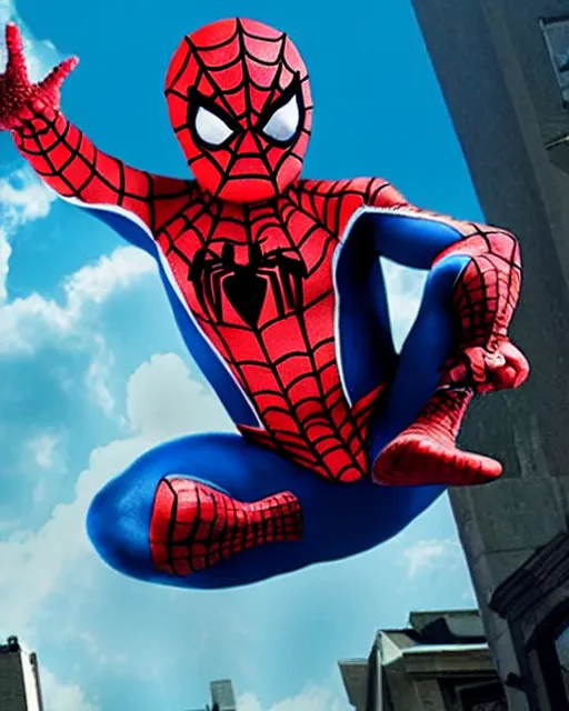 Image similar to Patrick Star, dressed as spiderman, as a movie poster