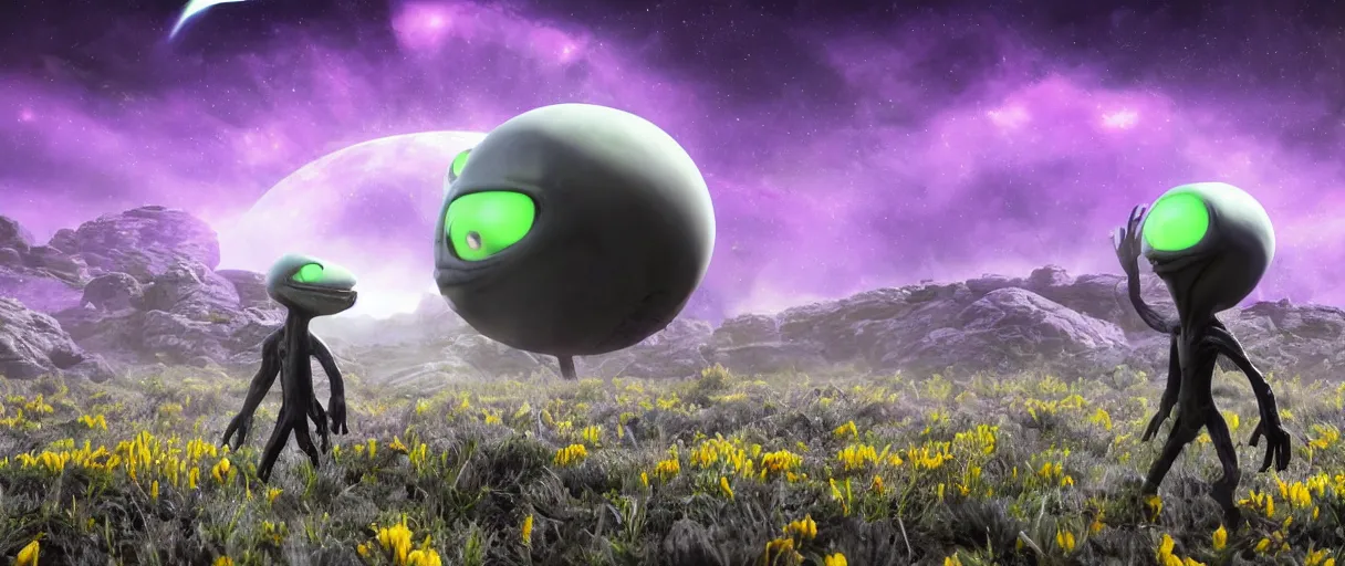 Image similar to grey alien with large black eyes holding an energy rifle on an alien planet with purple soil, green sky, blue and yellow fauna, alien creatures in the background, 3d render, Unreal Engine, octane render, ray tracing, Unity, highly detailed, high quality, HD, 4k, 8k, realistic, sharp, trending - H 800