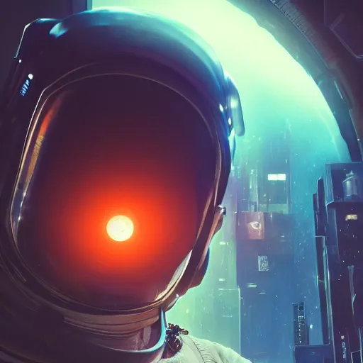Image similar to professional photo of astronaut looking in the camera from low angle shot, cyberpunk background, blade runner, hyperrealistic masterpiece, trending on artstation, cgsociety, kodakchrome, golden ratio, cinematic, composition, beautiful lighting, hyper detailed, sharp focus, octane render, 4 k, unreal engine