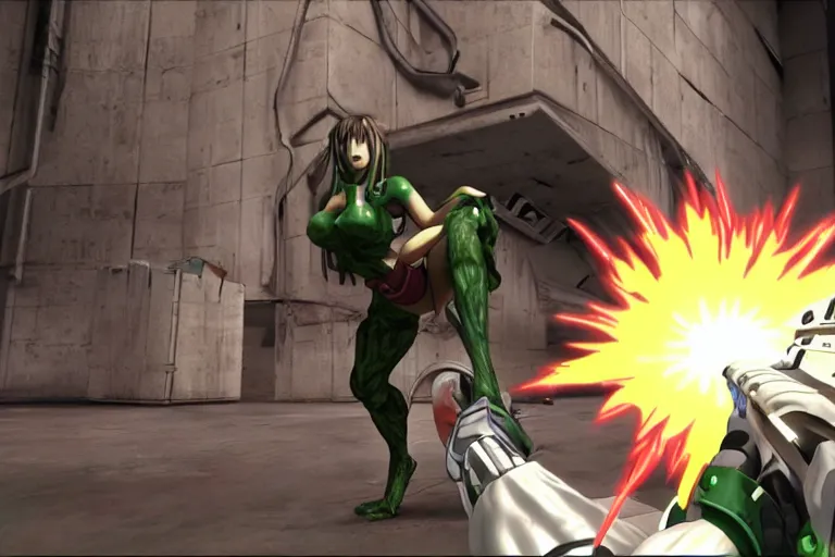 Image similar to an anime girl in a screenshot of the video game doom, the anime girl is crouching