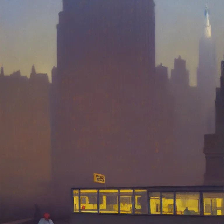 Image similar to city fog, early morning, painted by Edward Hopper, painted by Wayne Barlow, airbrush