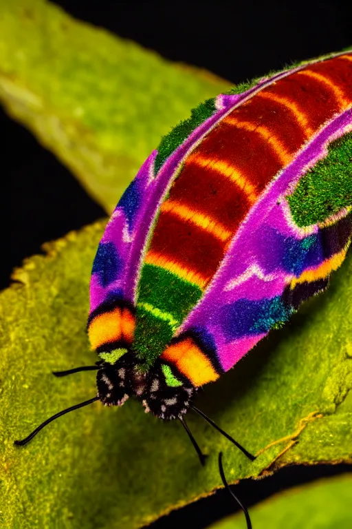 Image similar to high quality macro photo multicolored puss moth caterpillar! gorgeous highly detailed hannah yata elson peter cinematic lighting high quality low angle hd 8k sharp shallow depth of field