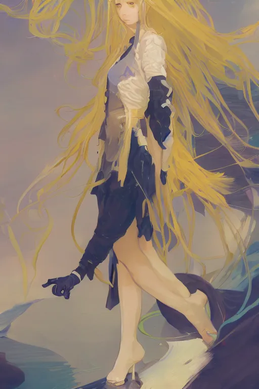 Prompt: a girl character design, full body, wavy white long hair, blue theme and eye - catching yellow assents, s line, 4 5 angel by krenz cushart and mucha and greg rutkowski, nier : automata inspired, 4 k resolution