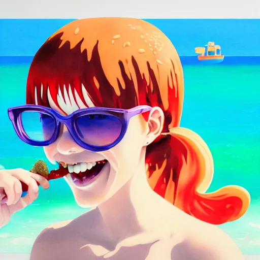 Image similar to Extremely Detailed and Full Portrait scene of Gooey Ocean scene in ink and refined sand, Red Hair pigtail anime woman with shades on face. wearing a sundress full body smiling while eating a cheese burger. The cheeseburger is leaking red sauce all over the place by Akihito Yoshitomi AND Yoji Shinkawa AND Greg Rutkowski, Mark Arian trending on artstation