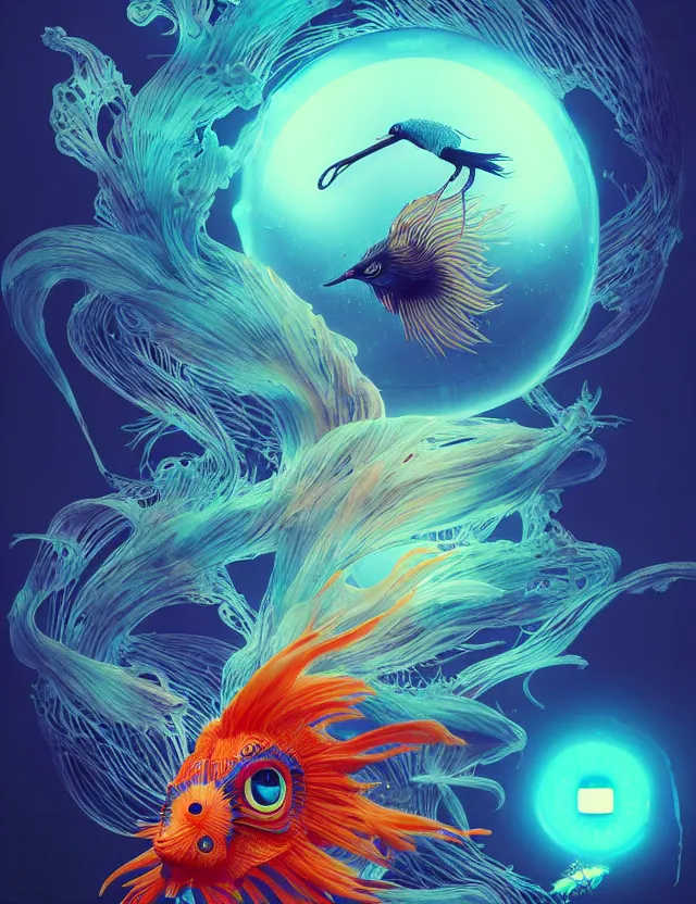 Image similar to 3 d eye of god. beautiful intricately detailed japanese crow kitsune mask and clasical japanese kimono. betta fish, jellyfish phoenix, bio luminescent, plasma, ice, water, wind, creature, artwork by tooth wu and wlop and beeple and greg rutkowski