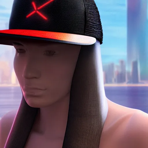 Image similar to a flat brim hat from the future, cyberpunk, highly detailed, epic lighting, hyper photorealism, 8 k