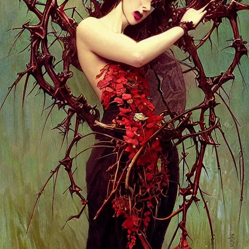 Prompt: portrait of a menacing beautiful vampire, full body made of thorns by Stanley Artgerm Lau , greg rutkowski, thomas kindkade, alphonse mucha, loish, norman rockwell, J. C. Leyendecker. hair waving in the wind, pale skin, sinister complexion, thorn crown, image bordered by thorns, thorn background. D&D, fantasy. Trending on artstation rule of thirds extremely detailed illustration hd 4k