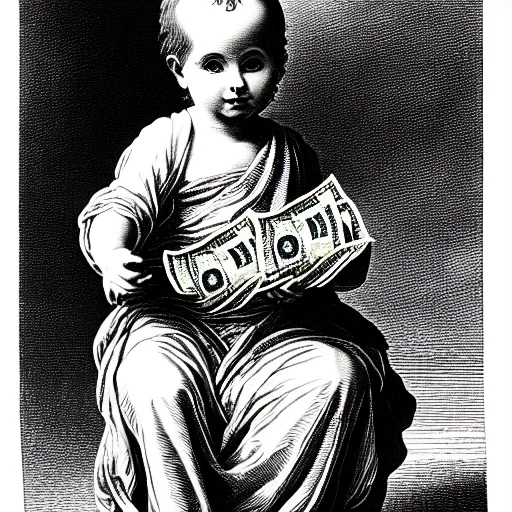 Image similar to baby smoove holding stacks of cash, biblical image, style of gustave dore, highly detailed, beautiful, high contrast, black and white