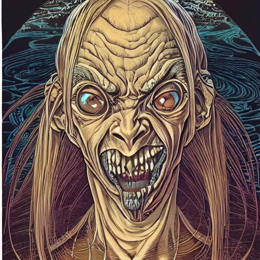 Prompt: portrait of crazy gollum, symmetrical, by yoichi hatakenaka, masamune shirow, josan gonzales and dan mumford, ayami kojima, takato yamamoto, barclay shaw, karol bak, yukito kishiro