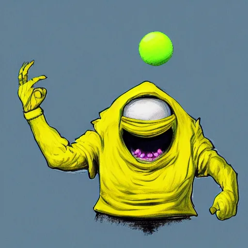 Image similar to a eminem tennis ball monster, tennis ball, lightning, chalk, digital art, fantasy, magic, trending on artstation, ultra detailed, professional illustration by Basil Gogos