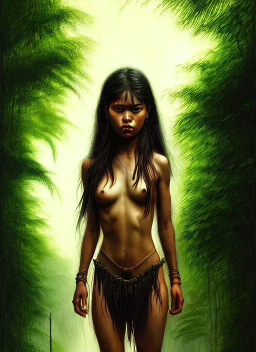 Image similar to photo of an amazon forest girl in the style of stefan kostic, realistic, full body shot, sharp focus, 8 k high definition, insanely detailed, intricate, elegant, art by stanley lau and artgerm, dark, gloomy street background