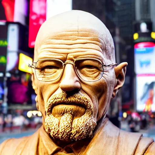 Prompt: extreme long - shot photograph of a very detailed renaissance clay sculpture of walter white wearing a phrygian cap in times square, made by michelangelo, hyper detailed, sharp focus, 8 k resolution, ray tracing