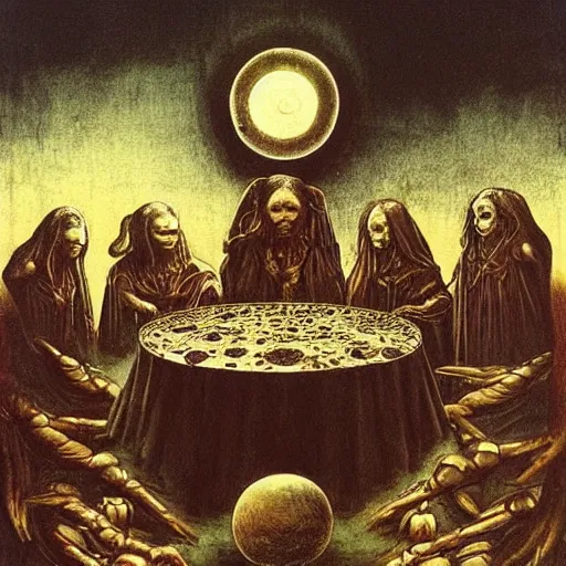 Image similar to Members of a cult gather and summon a Blood Moon, surreal, dark, detailed, intricate, unique made by Leonardo Da Vinci and H R Giger