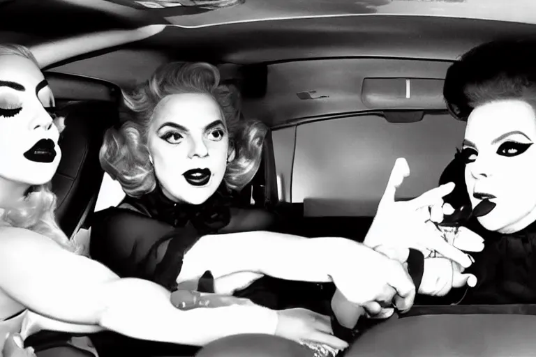 Prompt: lady gaga and judy garland doing carpool karaoke, lady gaga and judy garland, carpool karaoke, lady gaga, judy garland, carpool karaoke, youtube video screenshot, the late late show withjames cordon