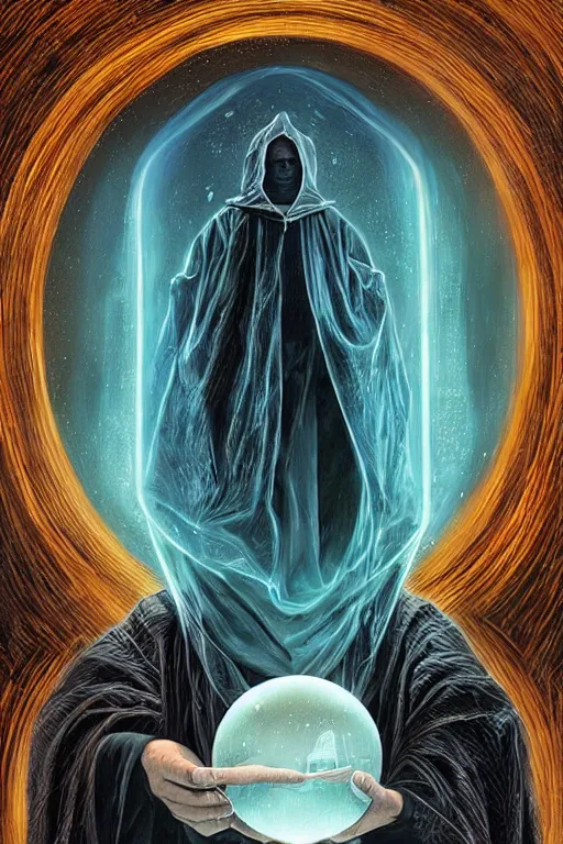 Image similar to wizard in a hooded cloak gazing into a crystal ball, high details, intricately detailed, by vincent di fate, artgerm julie bell beeple, inking, screen print