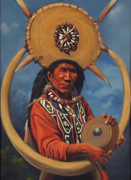 Prompt: a beautiful painting of an indigenous man holding a highly decorated round shamanic drum, fantasy art, matte painting