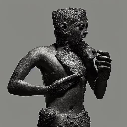 Prompt: photo of fragmented Obsidian Babylonian sculpture of Fizz (league of legends) made of Obsidian, Obsidian!! (EOS 5DS R, ISO100, f/8, 1/125, Museum, postprocessed)