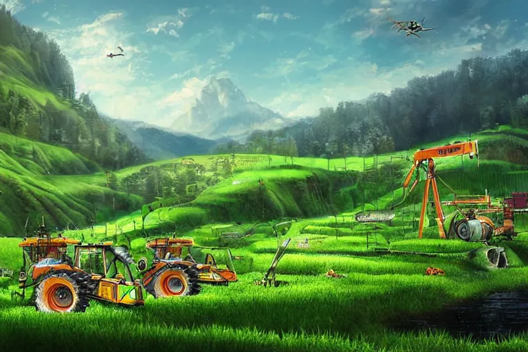 Image similar to digital masterpiece artwork of robots farming on a hillside overlooking a creek, by peter alexander