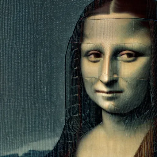 Prompt: a highly detailed 3 d rendering in unreal engine on ps 5 of the mona lisa dressed as the cyborg ninja from metal gear solid