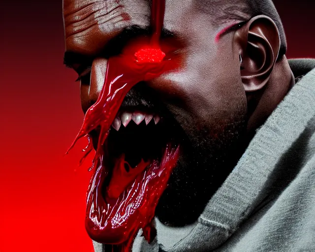 Prompt: Kanye West As A Vampire With Shark Teeth, Red Fluid Dripping From His Mouth, Full Figure, 8K, octane render, HDR, photorealistic, volumetric lighting, Hyperrealistic-H 960