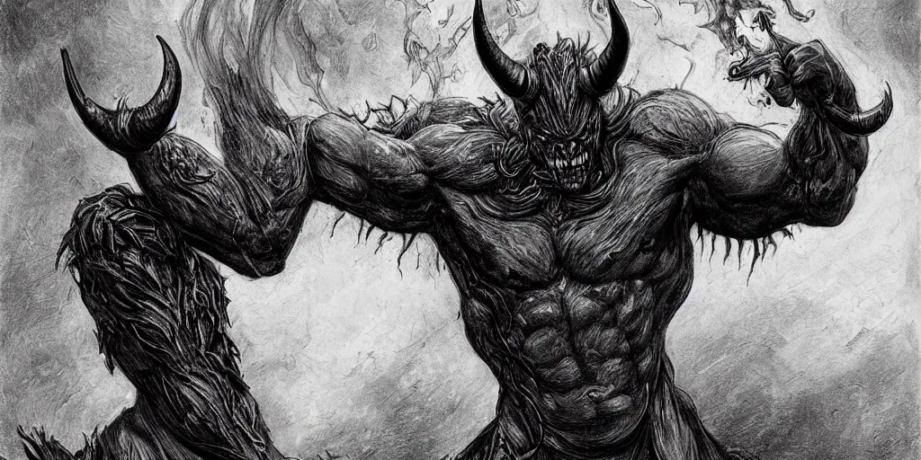 Prompt: full body, grayscale, 3/4 view, muscled humanoid balrog demon, diablo, horns, claws, large horned tail, heroic pose, flames, fire, tarot, lineart, Gustave Dore