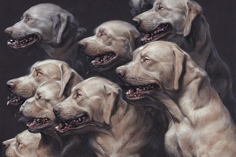 Image similar to hyperdetailed matte art of a three headed dog cerberus by william blake, greg rutkowski, amano, rene magritte, craig mullins, three headed dog cerberus, details