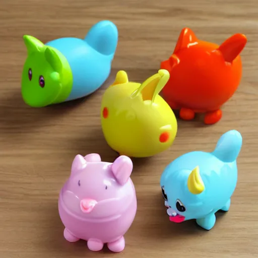 Image similar to some cute plastic toys that look like animal characters washing dishing in the kitchen, pastel colors