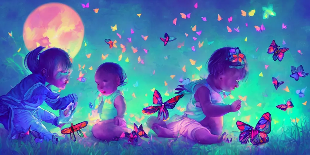 Prompt: a cute baby plays with vibrant bioluminescent colorful butterflies and fireflies, digital arts, matte finish, trending on artstation, enchanting vibes