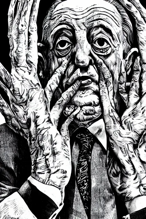 Image similar to George Soros full body portrait, body horror, black and white Illustration by Junji Ito