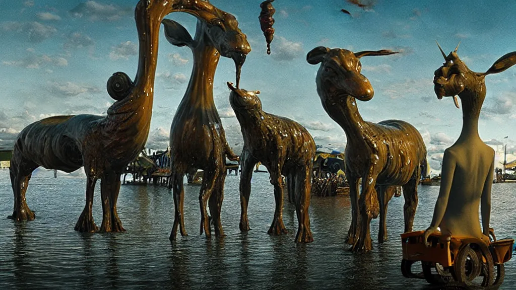 Image similar to the strange creature at the county fair, made of water and oil, film still from the movie directed by Denis Villeneuve with art direction by Salvador Dalí, wide lens