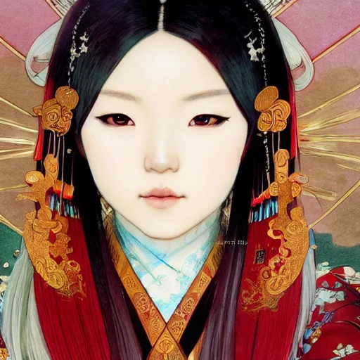 Prompt: a beautiful portrait of hatsune miku with long black and deep red colored hair dressed as a 1 0 th century chinese noblewoman, intricate, elegant, highly detailed, digital painting, artstation, concept art, matte, sharp focus, illustration, art by greg rutkowski and alphonse mucha