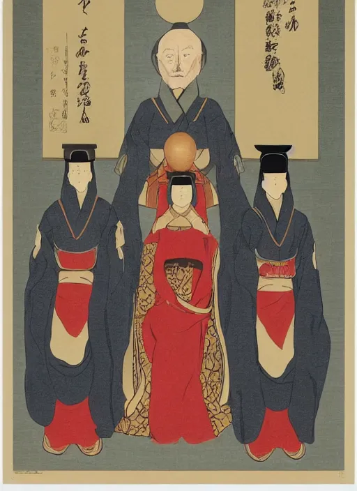 Image similar to family portrait of duke leto atreides lady jessica and prince paul atreides, dune, father mother and son, three figures, detailed, solemn, commanding, powerful, in the style of yamato - e, traditional japanese, tosa school, tosa mitsuoki, tosa mitsunobu, iwasa matabei.