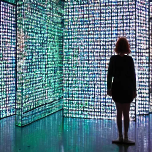 Prompt: a woman standing in front of a light sculpture, a hologram by bruce munro, featured on tumblr, interactive art, hall of mirrors, tesseract, futuristic