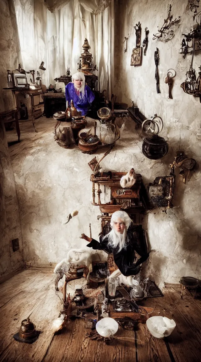 Image similar to full body protrait beautifull witch with white hair in old room. A cristal ball on a wood table with a potions and old instruments. A cat on the floor licking his paw. photorealistic, profesional photo, by Steve McCurry