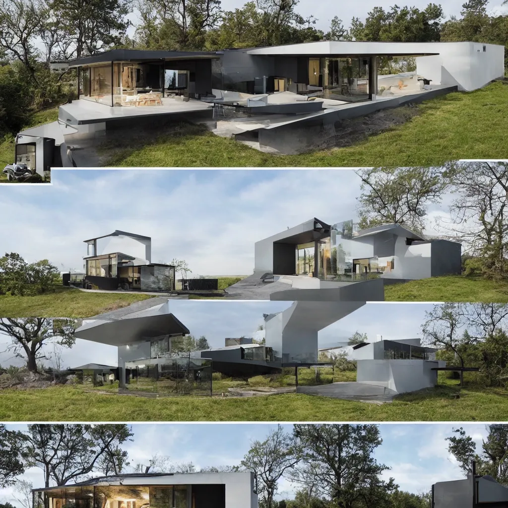 Image similar to hybrid modern home mixed with a drone, a drone home, hovering over a field