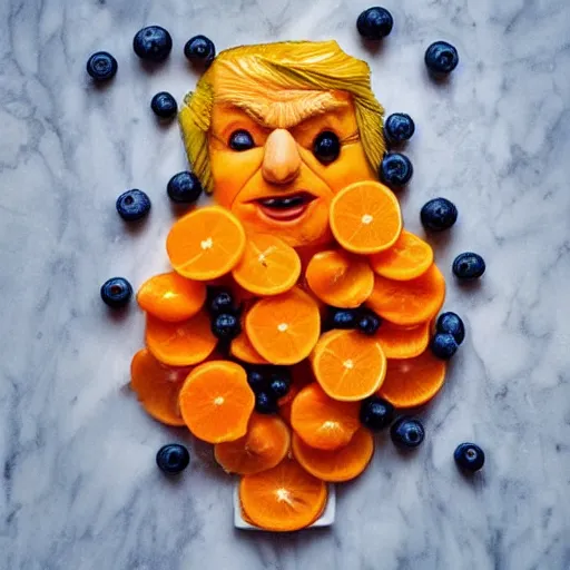 Prompt: edible donald trump made of oranges, butter and blueberries from the beautiful'food art collection ', dslr