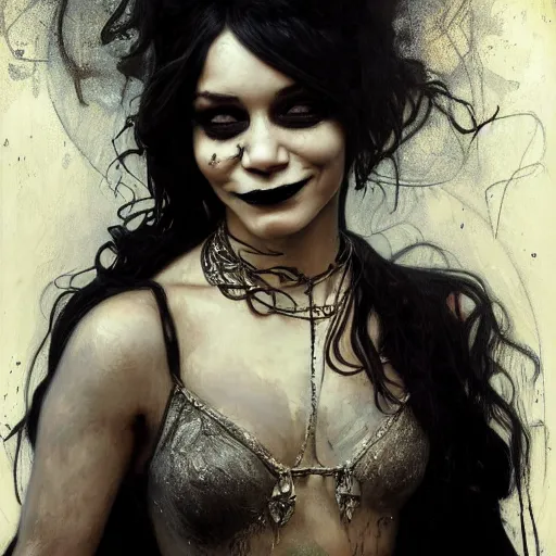 Image similar to beautiful portrait of vanessa hudgens as death from sandman, smiling, by cedric peyravernay, alphonse mucha, by jeremy mann, by lecouffe deharme, goth chic, soft lightning, eyeliner, punk rock, high detailed, 8 k