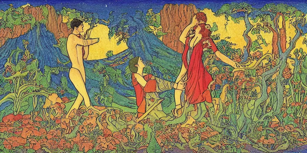 Image similar to a young couple who moved to another planet, hot weather, full growth, by Ivan Bilibin, Russian fairytales illustration