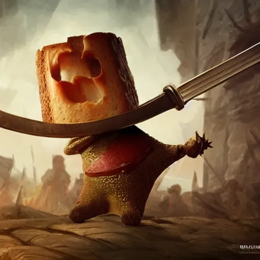 Image similar to medieval battle toast, a slice of toasted bread with a face, arms and legs, holding a sword, cute, pixar, volumetric lighting, dynamic composition, fantasy, hyper detailed, ultra realistic, sharp focus, octane render, concept art by ruan jia and heng z and artem