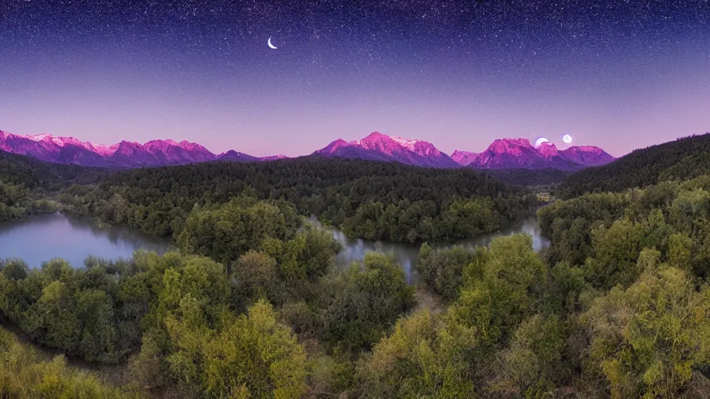 Prompt: Panoramic photo where the mountains are towering over the valley below their peaks shrouded in mist. The moon is just peeking over the horizon and the purple sky is covered with stars and clouds. The river is winding its way through the valley. The tree are a bright blue.