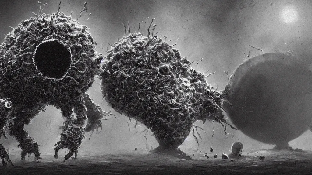 Image similar to a beautiful microscopic scientific photo of a coronavirus and a strange life form seen through an electron microscope, dark, sinister, detailed, art by Greg Rutkowski