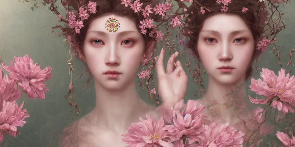Prompt: breathtaking detailed weird concept art painting of the goddess of light pink flowers, orthodox saint, with anxious, piercing eyes, ornate background, amalgamation of leaves and flowers, by Hsiao-Ron Cheng, extremely moody lighting, 8K