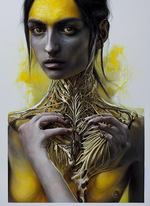 Image similar to masterpiece, emily ratajkowski , bones and veins, deep black skin, yellow details, marco mazzoni, zdzislaw beksinksi